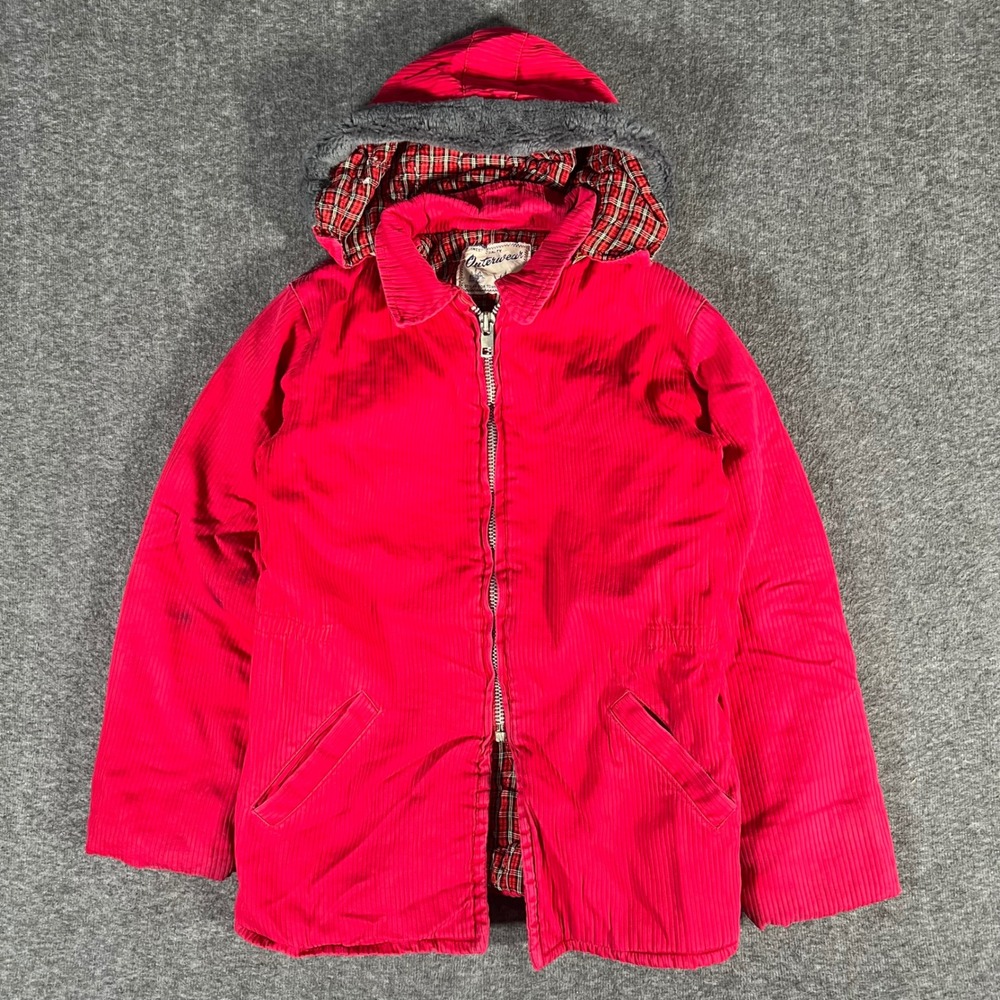 Vintage 60s Outerwear Town n Country Red Corduroy Plaid Lined Hooded Jacket